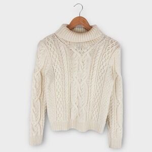 Lauren Ralph Lauren Petite Hand Knit Cream Wool Fisherman Turtleneck Sweater P/P